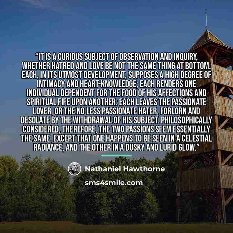 “It is a curious subject of observation and inquiry, whether hatred and love be not the same thing at bottom. Each, in its utmost development, supposes a high degree of intimacy and heart-knowledge; each renders one individual dependent for the food of his affections and spiritual fife upon…” quote by Nathaniel Hawthorne