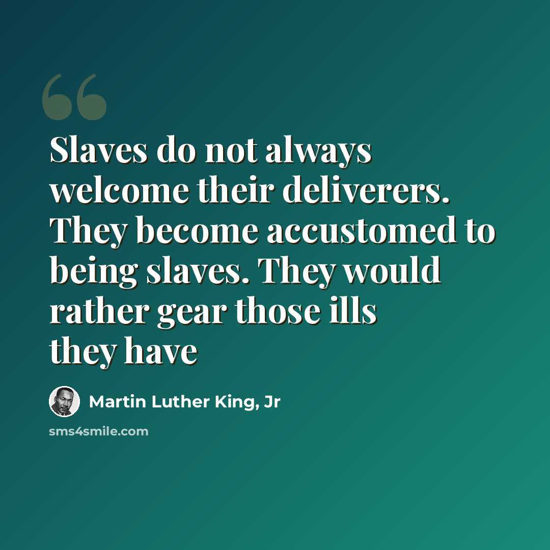 “Slaves do not always welcome their deliverers. They become accustomed to being slaves. They would rather gear those ills they have” quote by Martin Luther King, Jr
