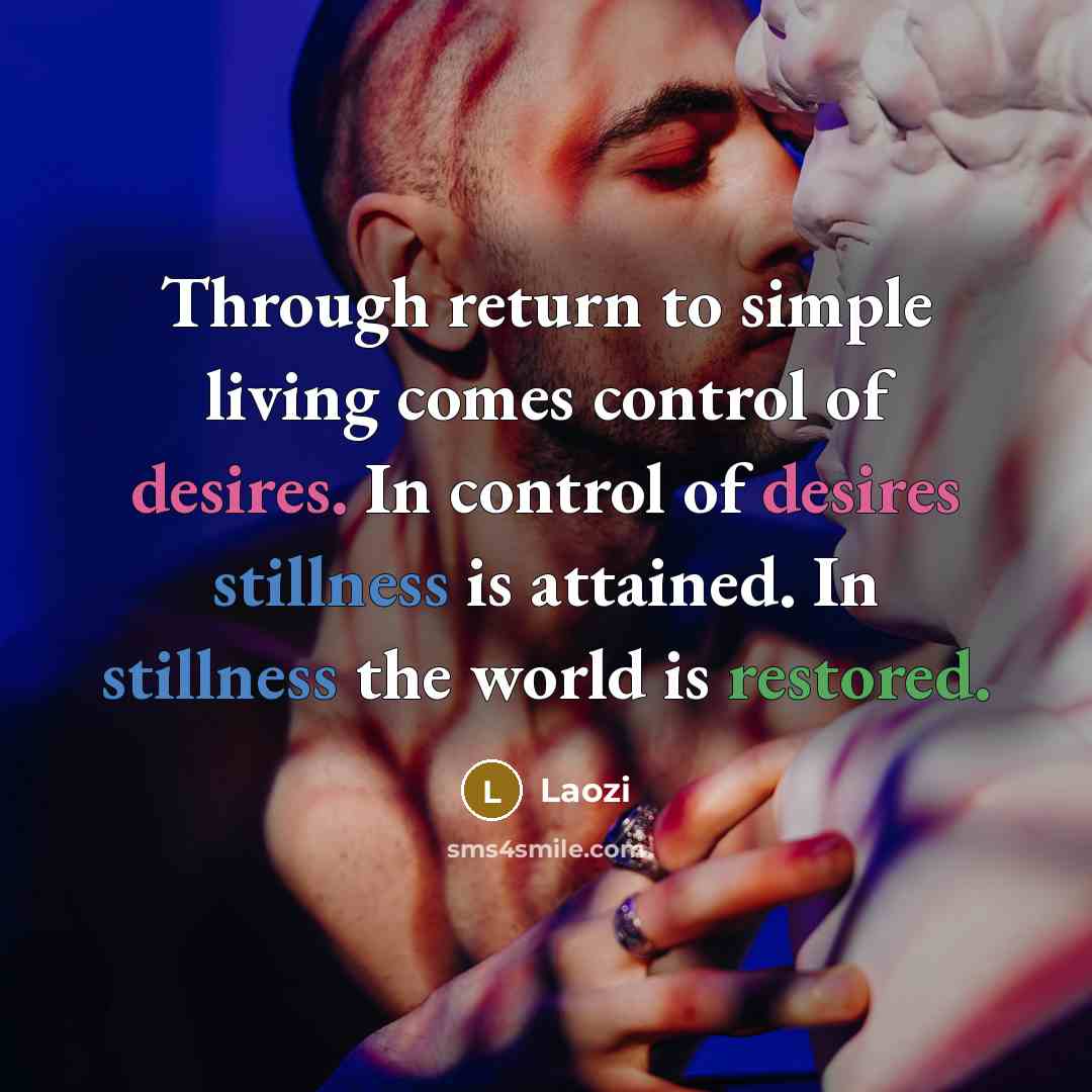 “Through return to simple living comes control of desires. In control of desires stillness is attained. In stillness the world is restored.” quote by Laozi