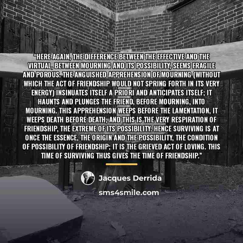 “Here again, the difference between the effective and the virtual, between mourning and its possibility, seems fragile and porous. The anguished apprehension of mourning (without which the act of friendship would not spring forth in its very energy) insinuates itself a priori and anticipates…” quote by Jacques Derrida