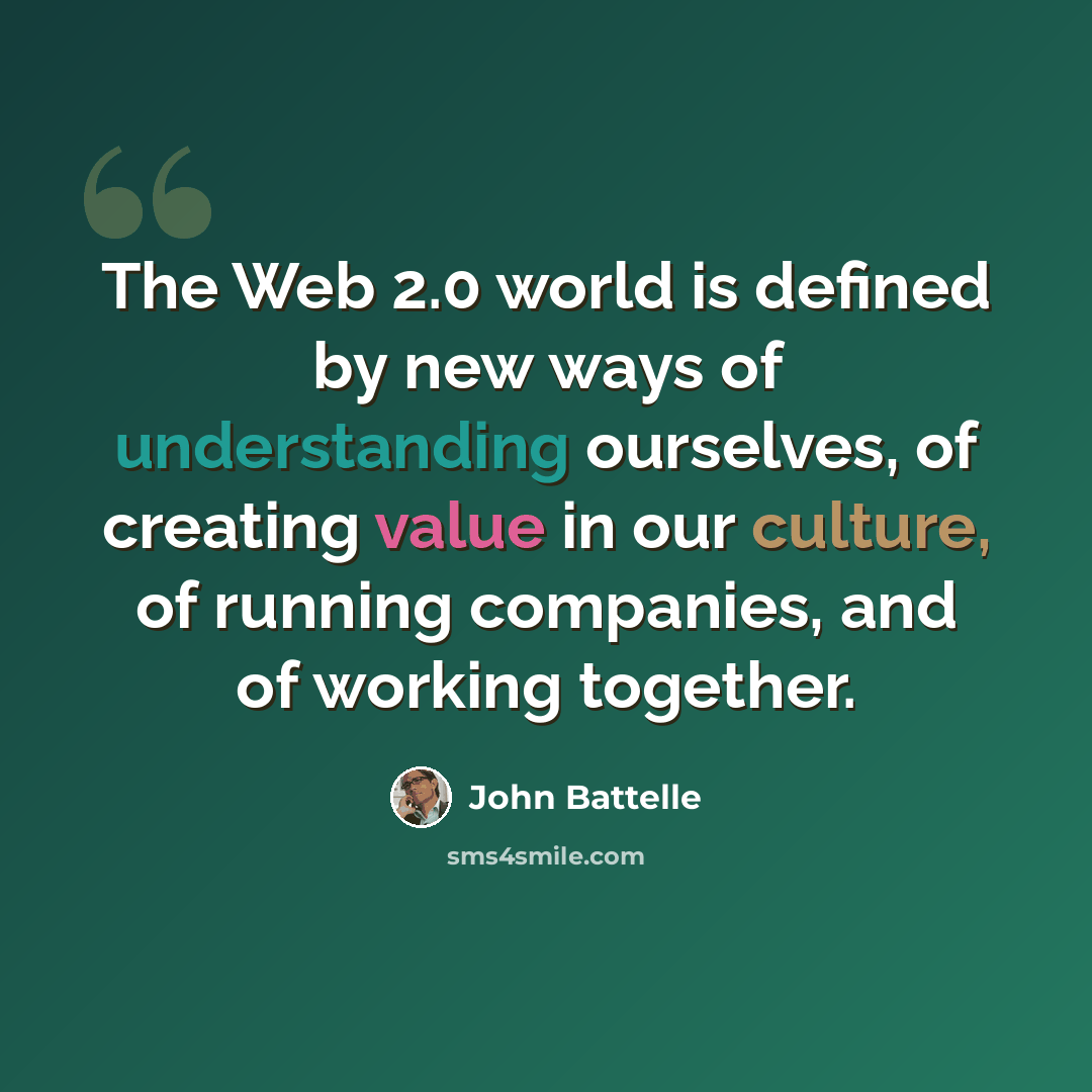 “The Web 2.0 world is defined by new ways of understanding ourselves, of creating value in our culture, of running companies, and of working together.” quote by John Battelle