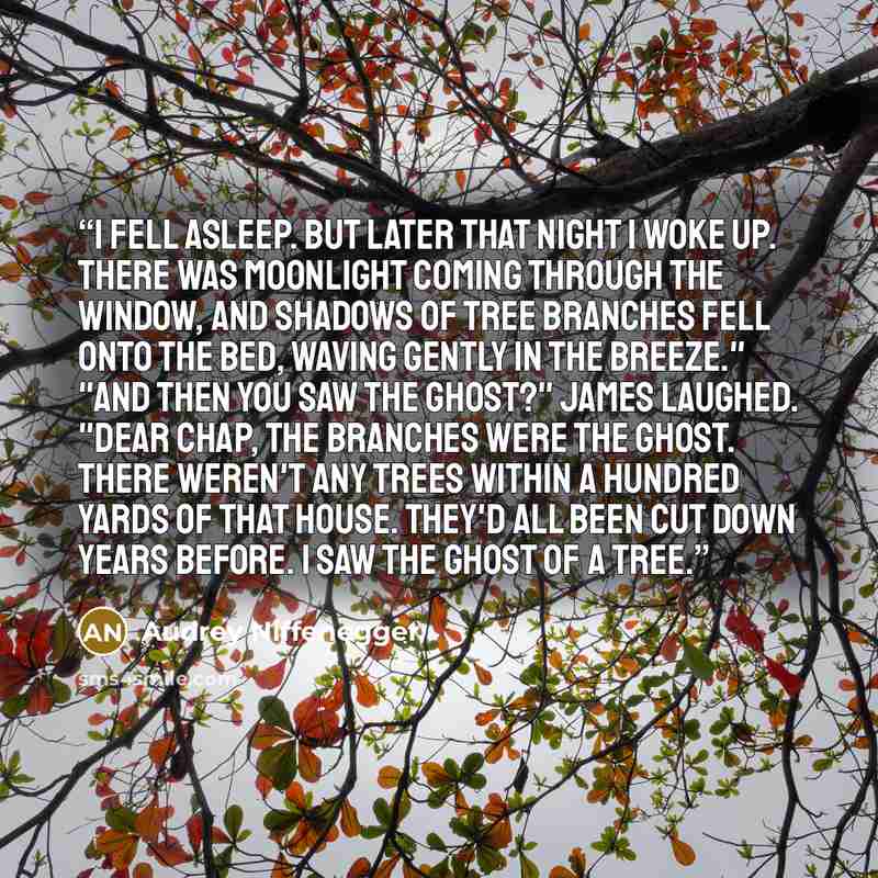 “I fell asleep. But later that night I woke up. There was moonlight coming through the window, and shadows of tree branches fell onto the bed, waving gently in the breeze." "And then you saw the ghost?" James laughed. "Dear chap, the branches WERE the ghost. There weren't any trees within a hundred…” quote by Audrey Niffenegger