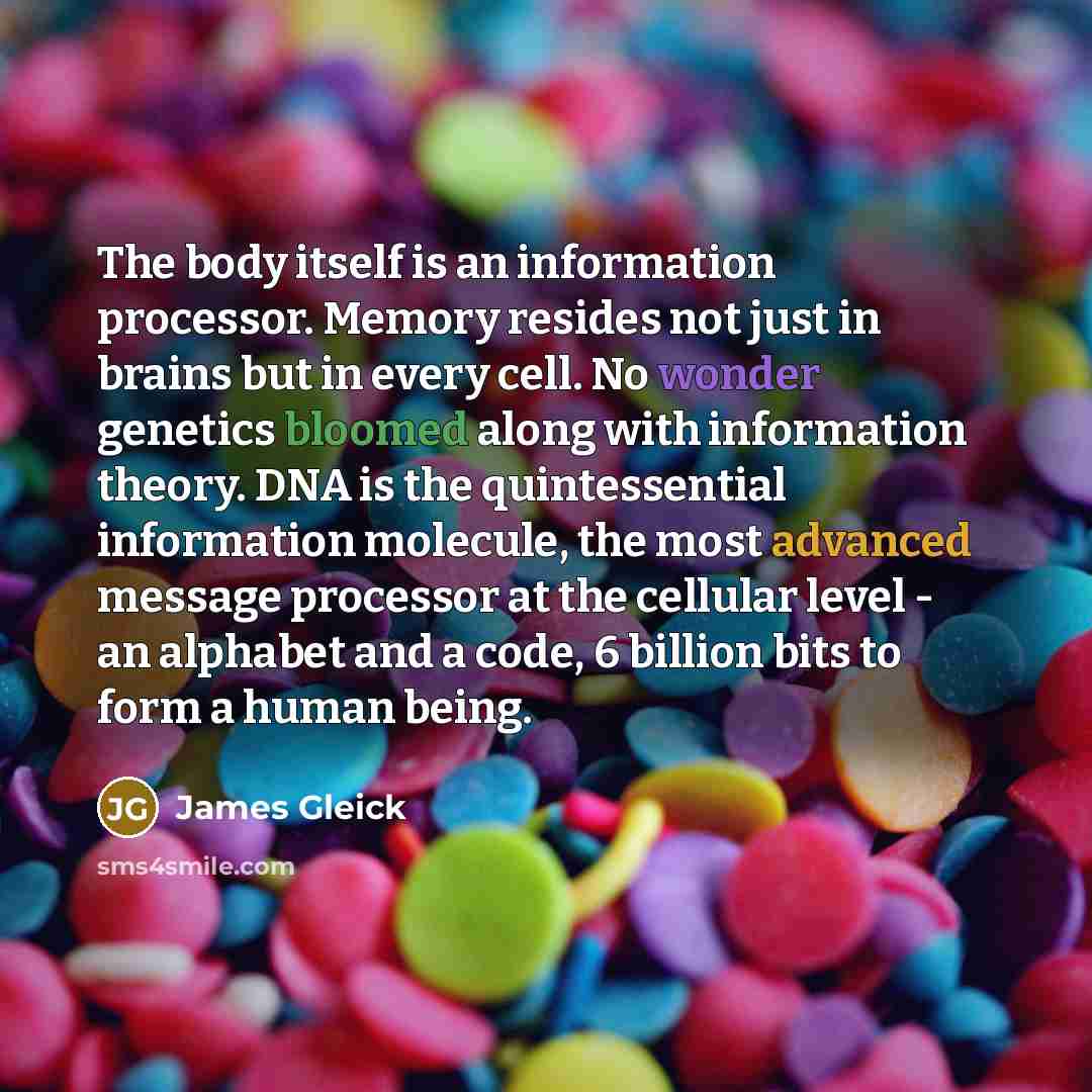 “The body itself is an information processor. Memory resides not just in brains but in every cell. No wonder genetics bloomed along with information theory. DNA is the quintessential information molecule, the most advanced message processor at the cellular level - an alphabet and a code, 6 billion…” quote by James Gleick