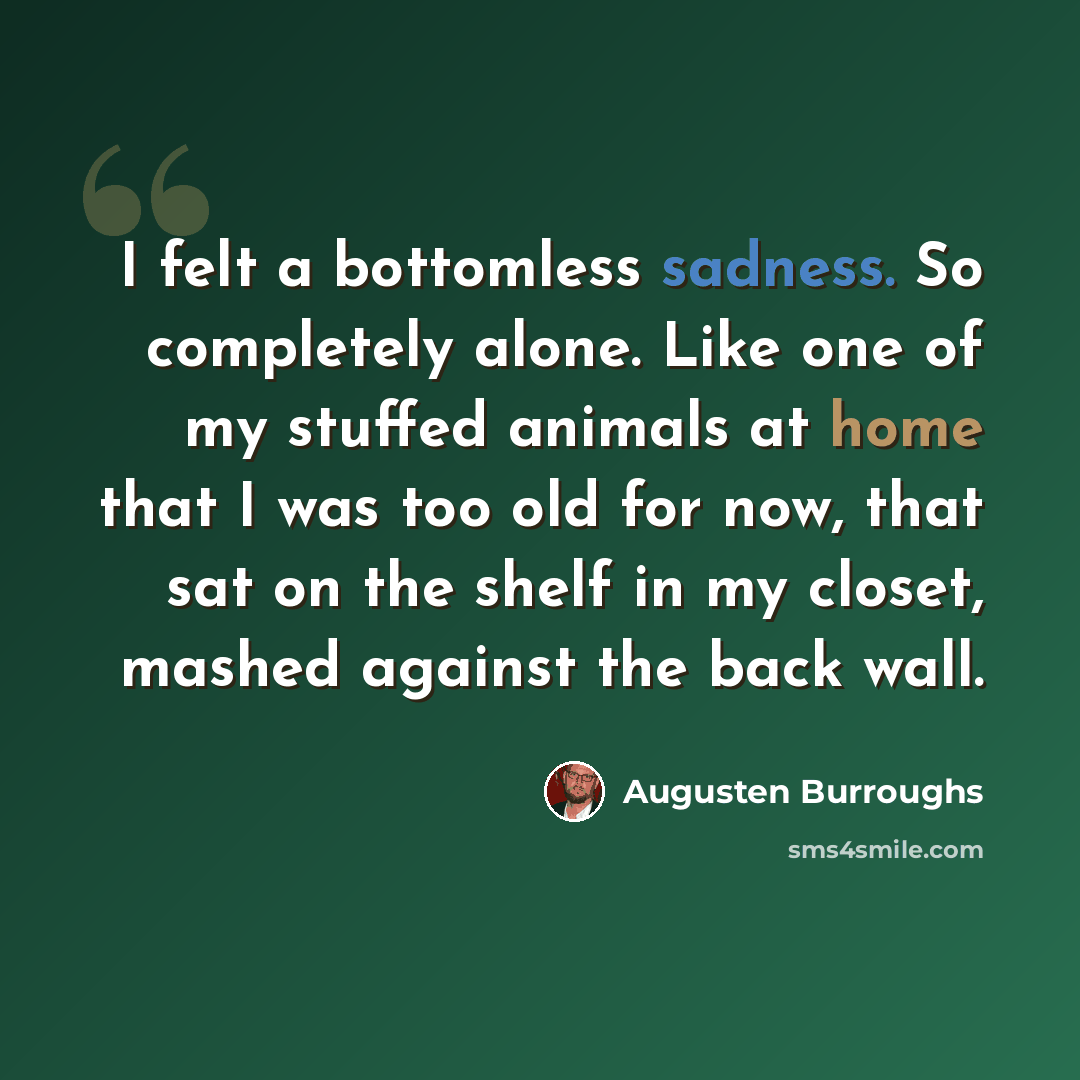 “I felt a bottomless sadness. So completely alone. Like one of my stuffed animals at home that I was too old for now, that sat on the shelf in my closet, mashed against the back wall.” quote by Augusten Burroughs