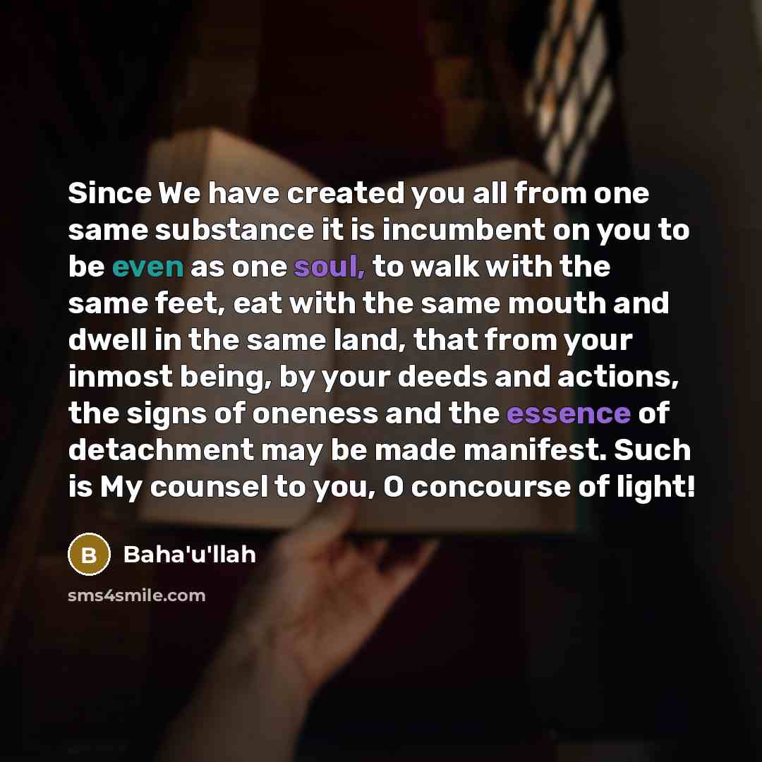“Since We have created you all from one same substance it is incumbent on you to be even as one soul, to walk with the same feet, eat with the same mouth and dwell in the same land, that from your inmost being, by your deeds and actions, the signs of oneness and the essence of detachment may be…” quote by Bahá'u'lláh