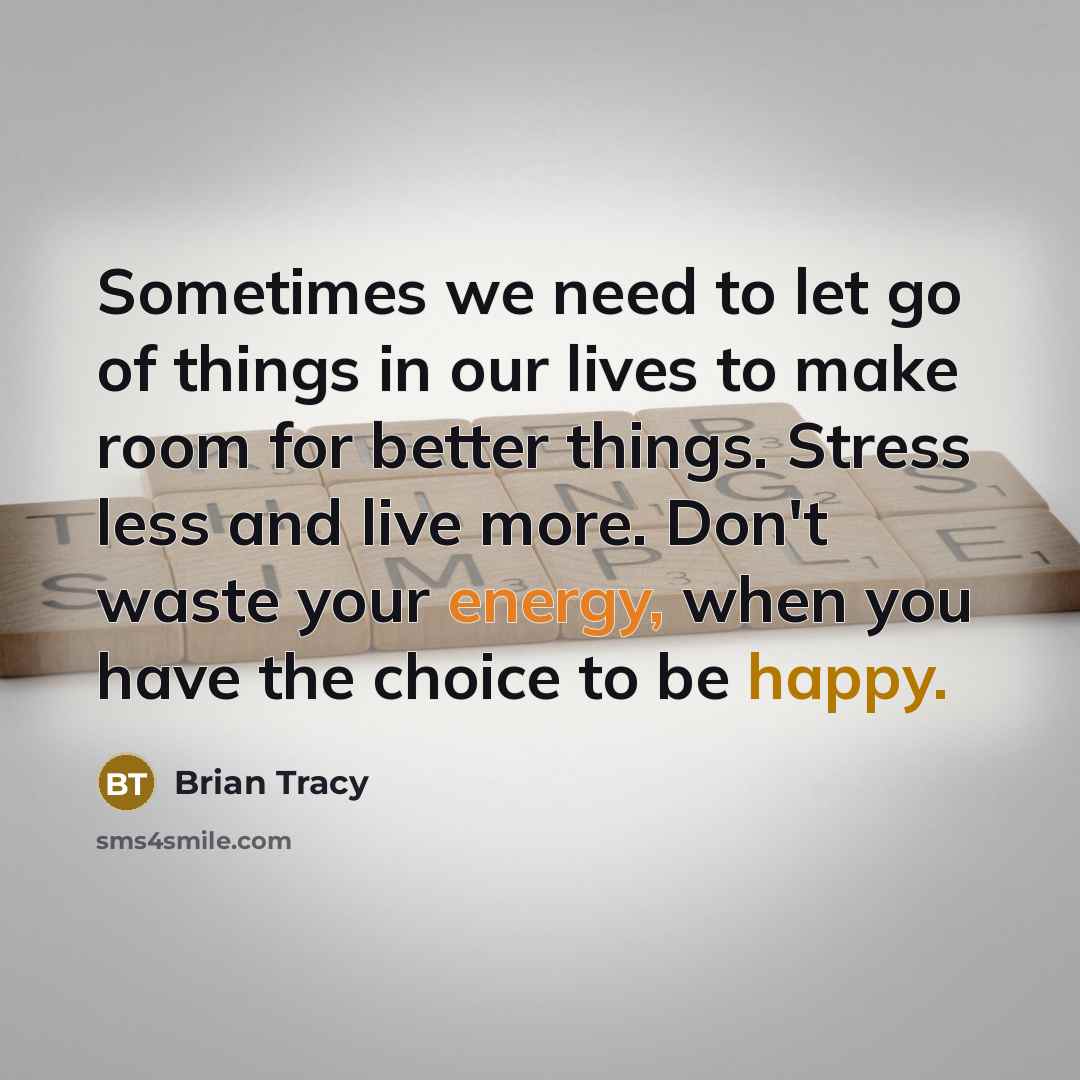 “Sometimes we need to let go of things in our lives to make room for better things. Stress less and live more. Don't waste your energy, when you have the choice to be happy.” quote by Brian Tracy
