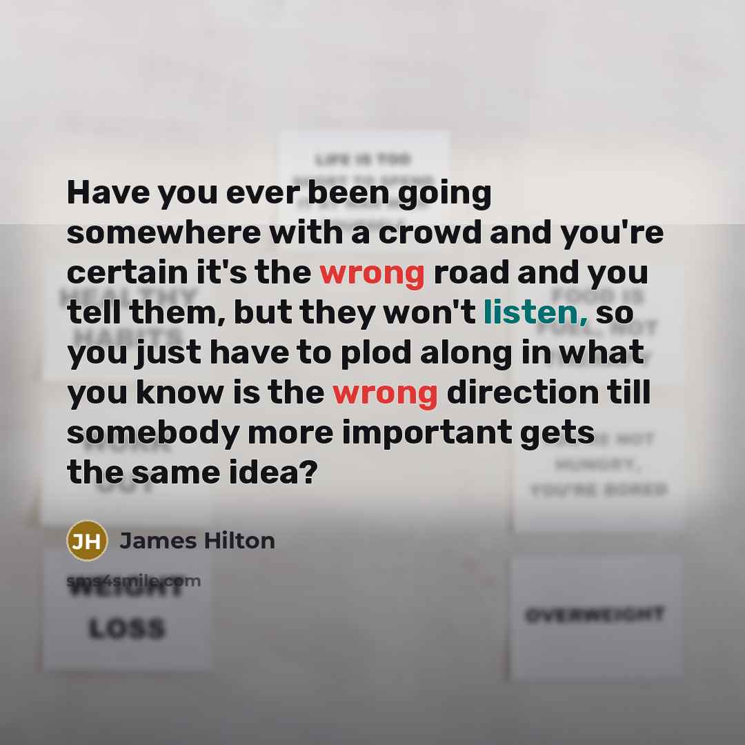 “Have you ever been going somewhere with a crowd and you're certain it's the wrong road and you tell them, but they won't listen, so you just have to plod along in what you know is the wrong direction till somebody more important gets the same idea?” quote by James Hilton