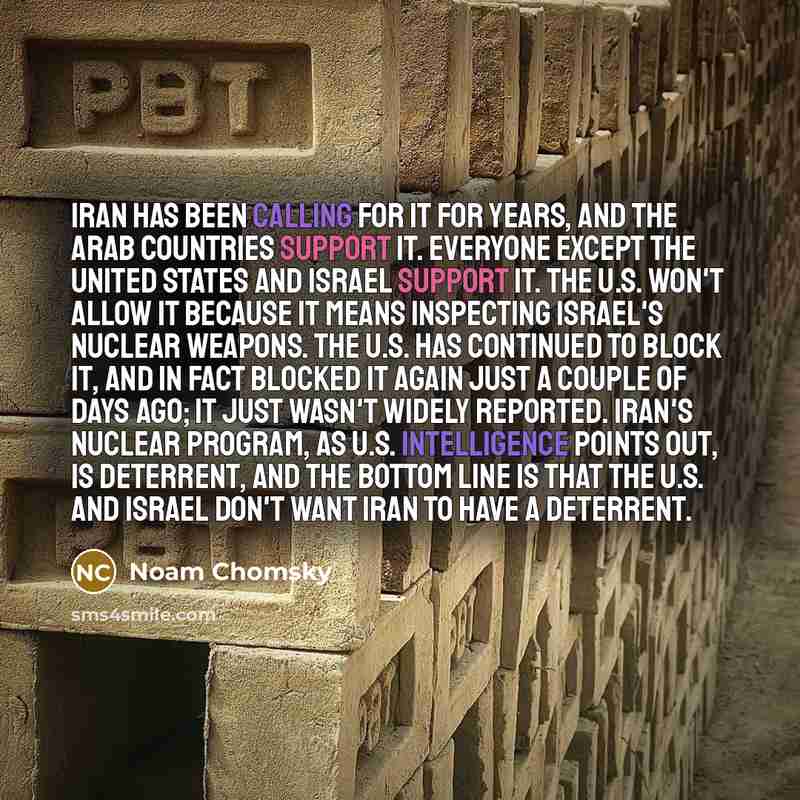 “Iran has been calling for it for years, and the Arab countries support it. Everyone except the United States and Israel support it. The U.S. won't allow it because it means inspecting Israel's nuclear weapons. The U.S. has continued to block it, and in fact blocked it again just a couple of days…” quote by Noam Chomsky
