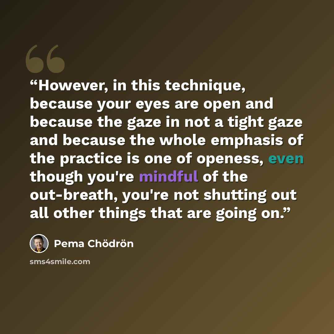 “However, in this technique, because your eyes are open and because the gaze in not a tight gaze and because the whole emphasis of the practice is one of openess, even though you're mindful of the out-breath, you're not shutting out all other things that are going on.” quote by Pema Chödrön