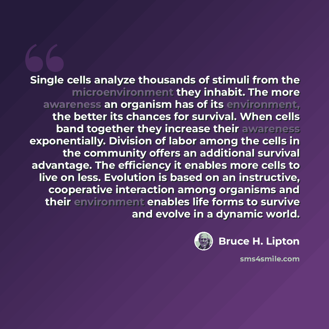 “Single cells analyze thousands of stimuli from the microenvironment they inhabit. The more awareness an organism has of its environment, the better its chances for survival. When cells band together they increase their awareness exponentially. Division of labor among the cells in the community…” quote by Bruce H. Lipton