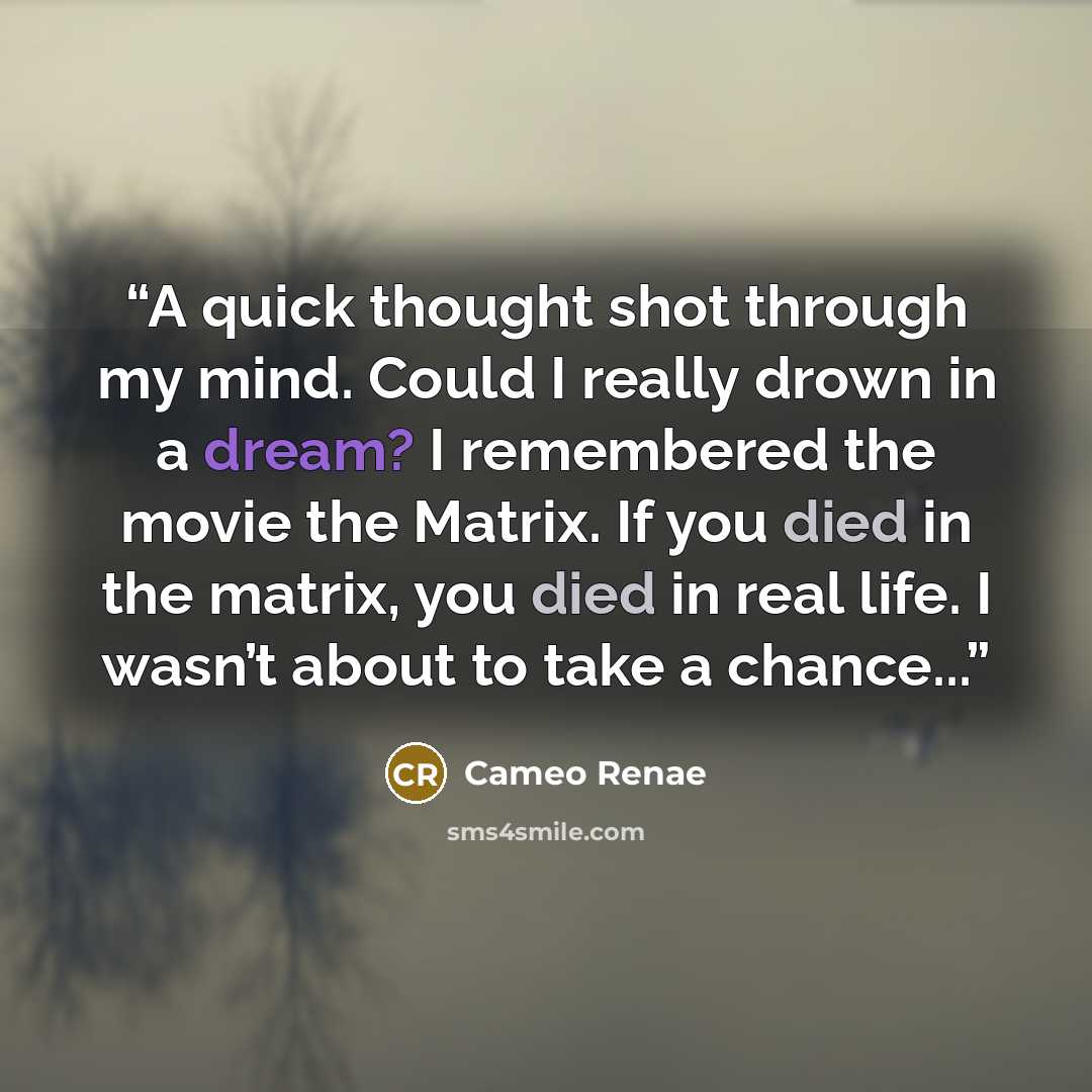 “A quick thought shot through my mind. Could I really drown in a dream? I remembered the movie the Matrix. If you died in the matrix, you died in real life. I wasn’t about to take a chance...” quote by Cameo Renae