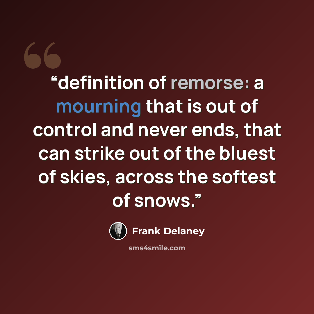 “definition of remorse: a mourning that is out of control and never ends, that can strike out of the bluest of skies, across the softest of snows.” quote by Frank Delaney