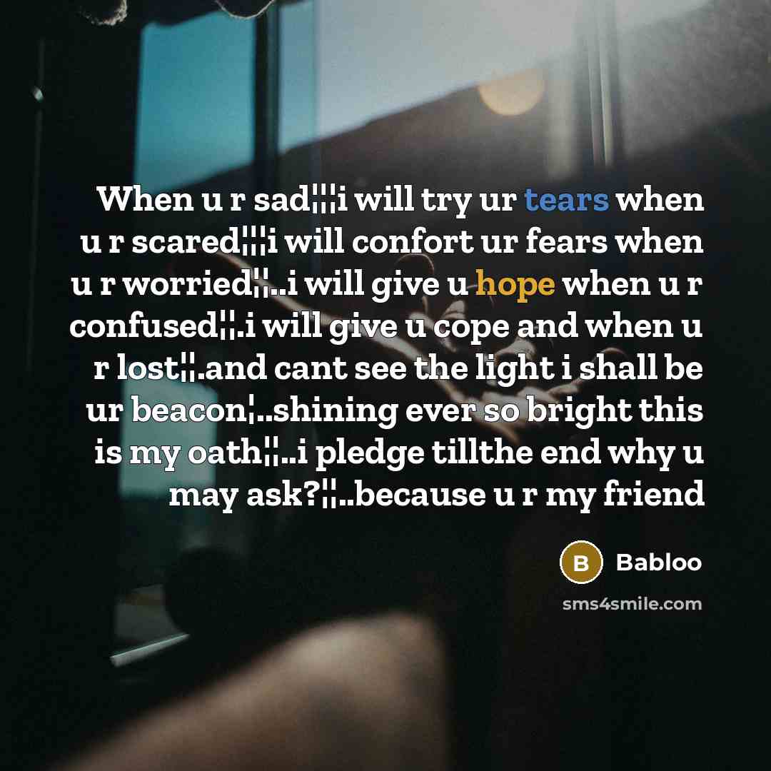 “When u r sad¦¦¦i will try ur tears when u r scared¦¦¦i will confort ur fears when u r worried¦¦..i will give u hope when u r confused¦¦.i will give u cope and when u r lost¦¦.and cant see the light i shall be ur beacon¦..shining ever so bright this is my oath¦¦..i pledge tillthe end why u may…” quote by Babloo