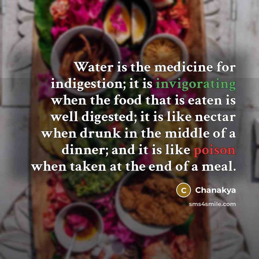 “Water is the medicine for indigestion; it is invigorating when the food that is eaten is well digested; it is like nectar when drunk in the middle of a dinner; and it is like poison when taken at the end of a meal.” quote by Chanakya
