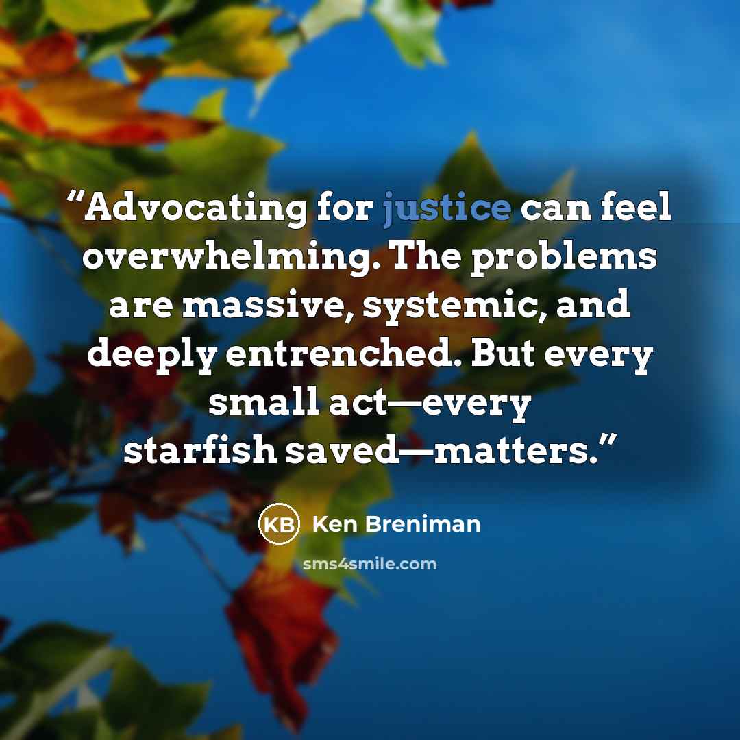 “Advocating for justice can feel overwhelming. The problems are massive, systemic, and deeply entrenched. But every small act—every starfish saved—matters.” quote by Ken Breniman