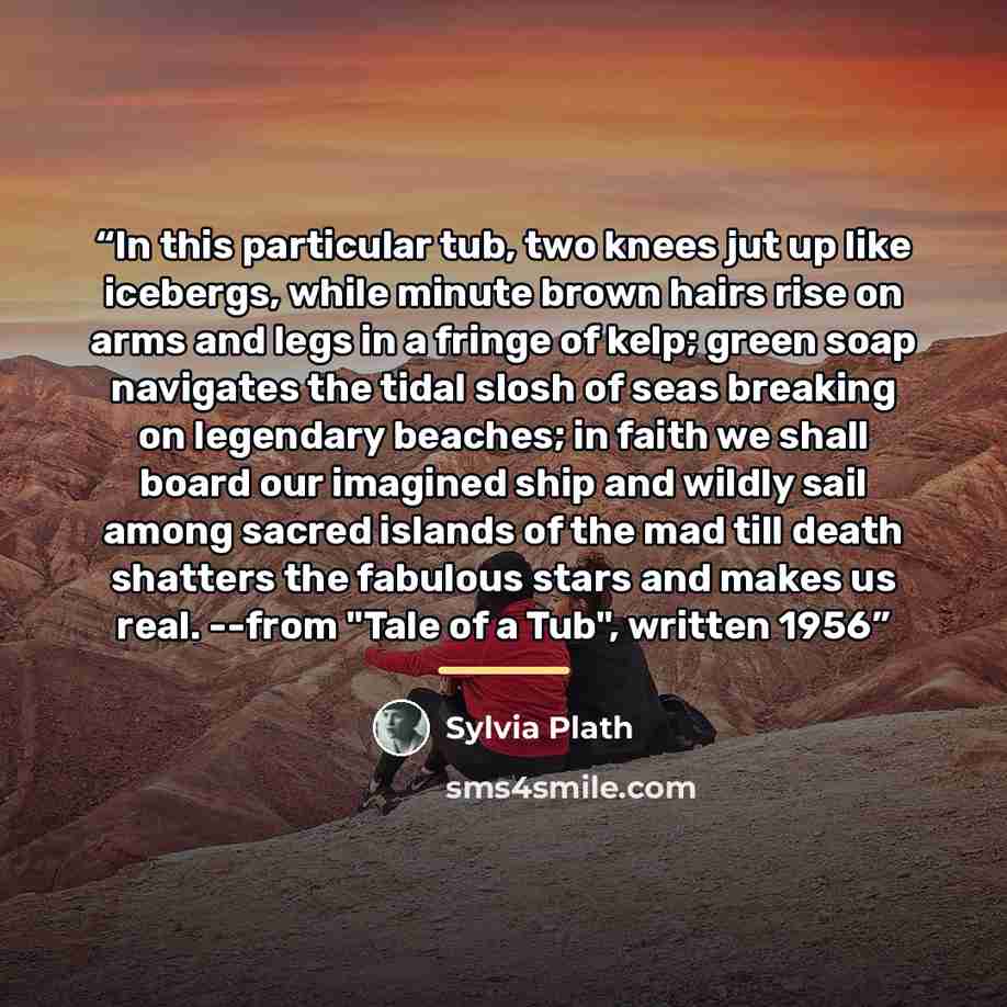 “In this particular tub, two knees jut up like icebergs, while minute brown hairs rise on arms and legs in a fringe of kelp; green soap navigates the tidal slosh of seas breaking on legendary beaches; in faith we shall board our imagined ship and wildly sail among sacred islands of the mad till…” quote by Sylvia Plath