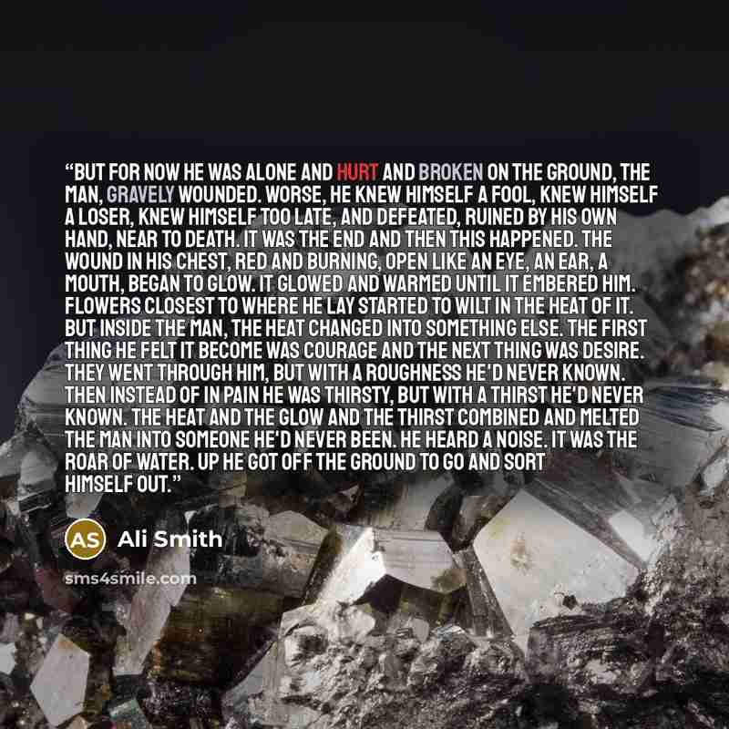 “But for now he was alone and hurt and broken on the ground, the man, gravely wounded. Worse, he knew himself a fool, knew himself a loser, knew himself too late, and defeated, ruined by his own hand, near to death. It was the end and then this happened. The wound in his chest, red and burning…” quote by Ali Smith