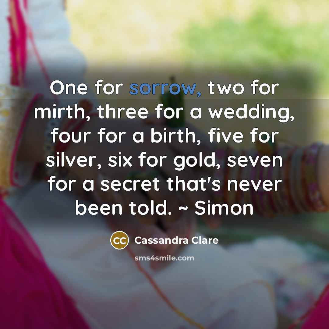 “One for sorrow, two for mirth, three for a wedding, four for a birth, five for silver, six for gold, seven for a secret that's never been told. ~ Simon” quote by Cassandra Clare