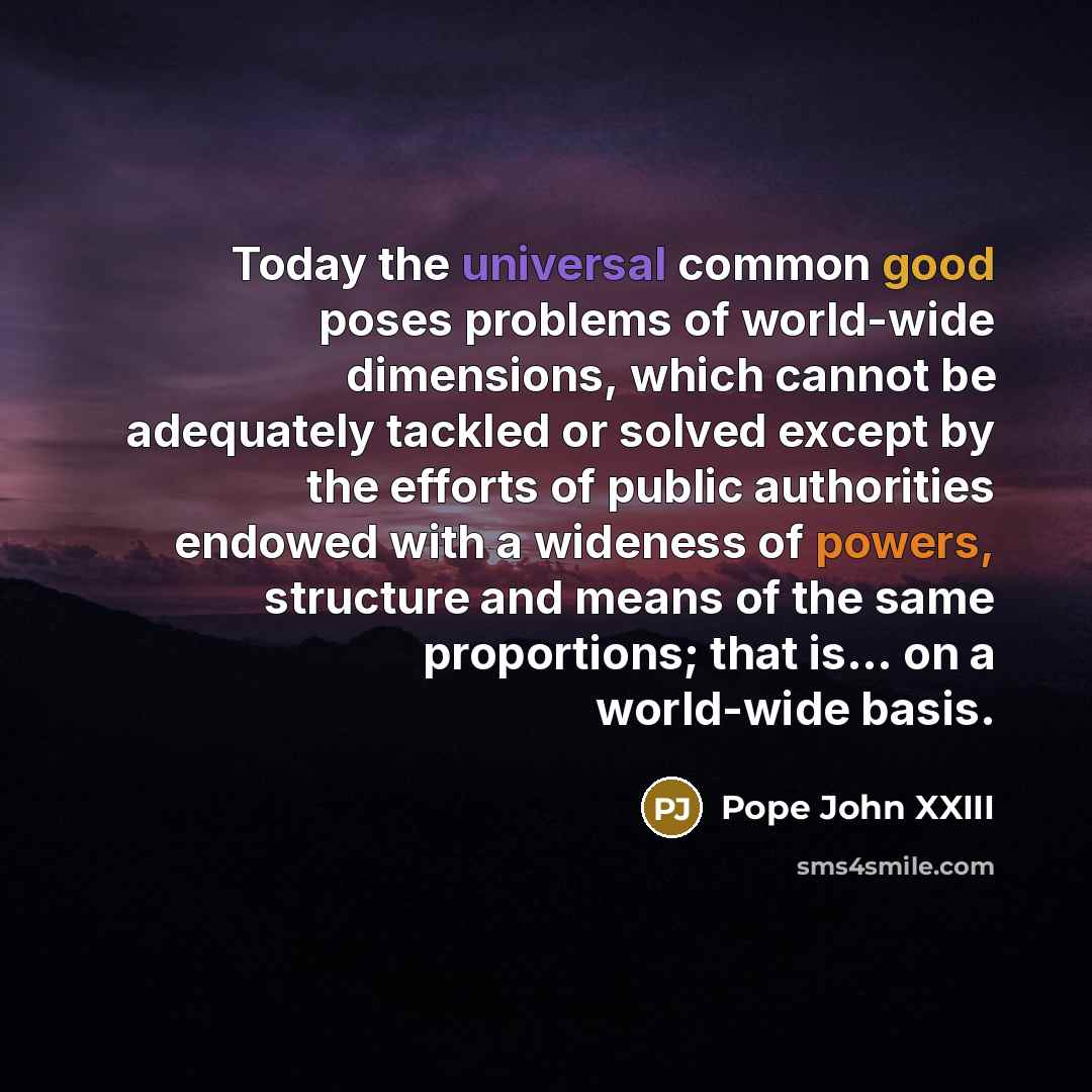 “Today the universal common good poses problems of world-wide dimensions, which cannot be adequately tackled or solved except by the efforts of public authorities endowed with a wideness of powers, structure and means of the same proportions; that is... on a world-wide basis.” quote by Pope John XXIII