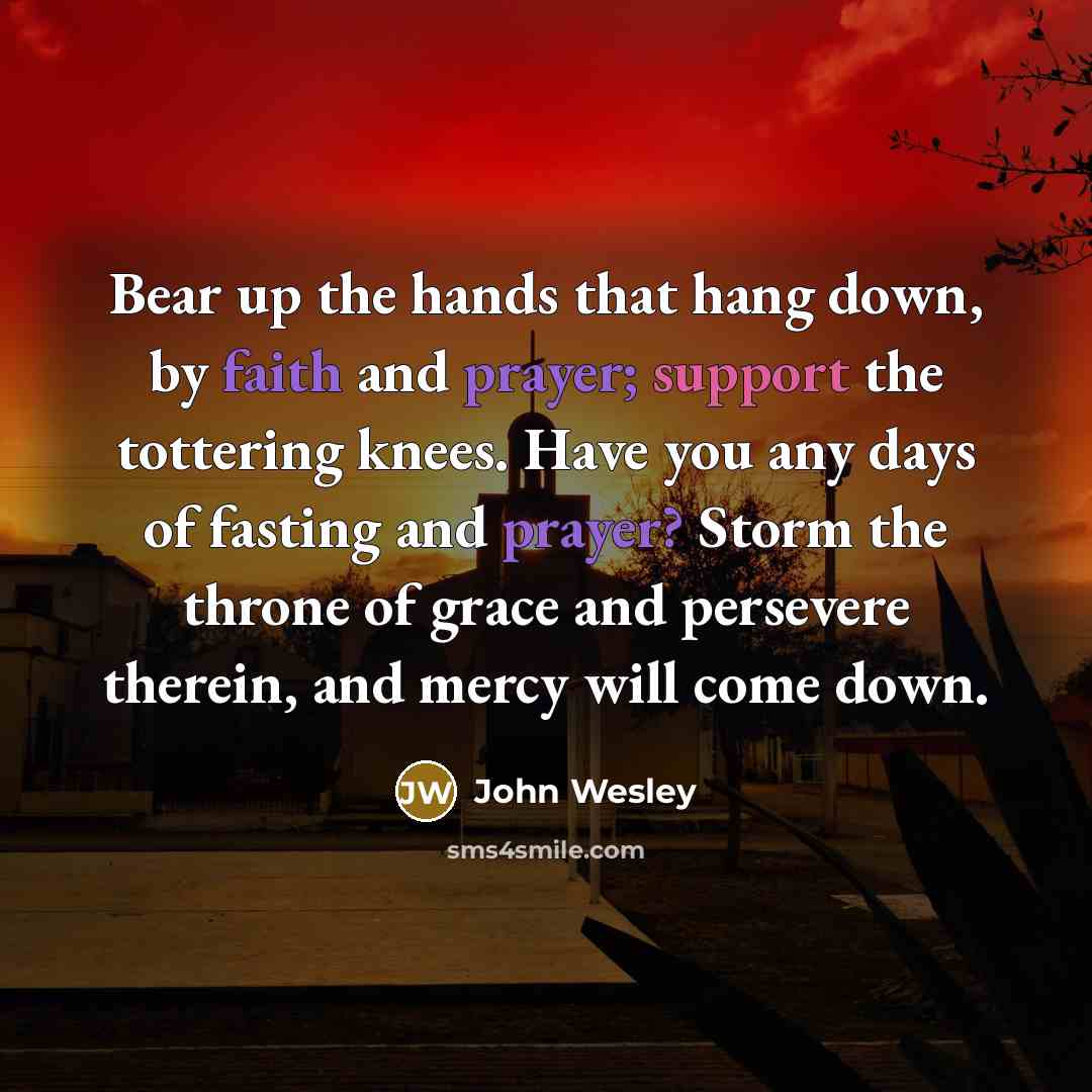 “Bear up the hands that hang down, by faith and prayer; support the tottering knees. Have you any days of fasting and prayer? Storm the throne of grace and persevere therein, and mercy will come down.” quote by John Wesley