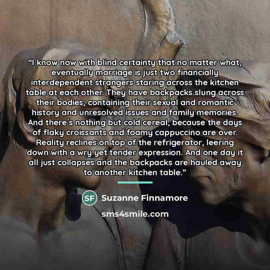 “I know now with blind certainty that no matter what, eventually marriage is just two financially interdependent strangers staring across the kitchen table at each other. They have backpacks slung across their bodies, containing their sexual and romantic history and unresolved issues and family…” quote by Suzanne Finnamore