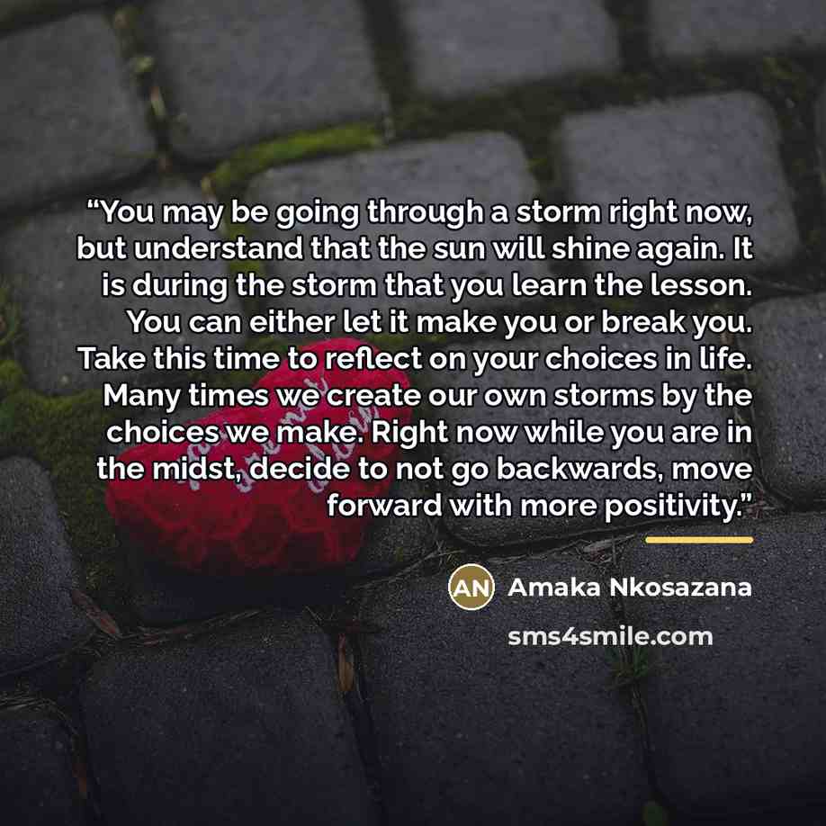 “You may be going through a storm right now, but understand that the sun will shine again. It is during the storm that you learn the lesson. You can either let it make you or break you. Take this time to reflect on your choices in life. Many times we create our own storms by the choices we make…” quote by Amaka Nkosazana