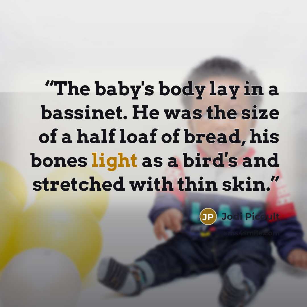 “The baby's body lay in a bassinet. He was the size of a half loaf of bread, his bones light as a bird's and stretched with thin skin.” quote by Jodi Picoult