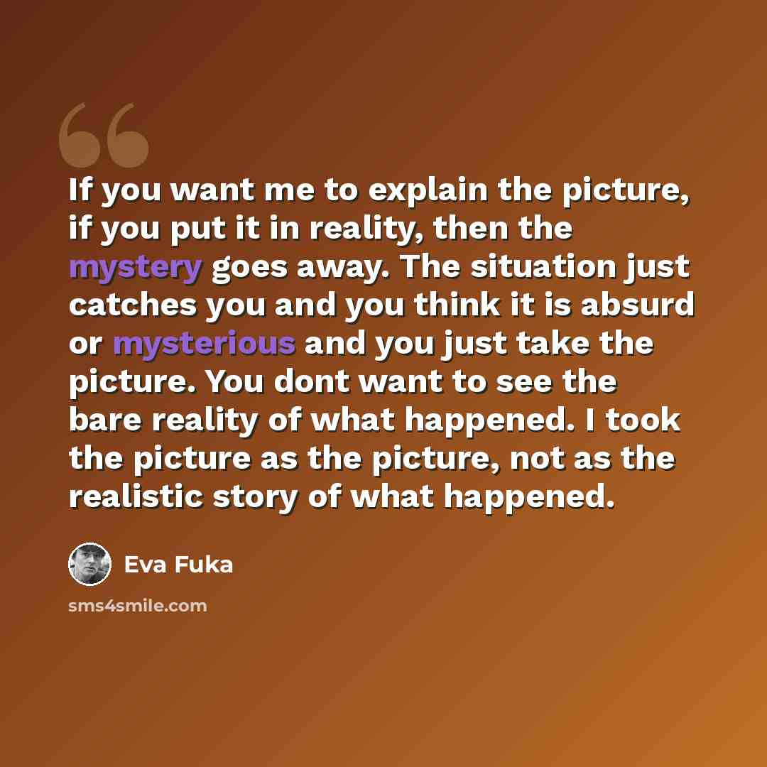 “If you want me to explain the picture, if you put it in reality, then the mystery goes away. The situation just catches you and you think it is absurd or mysterious and you just take the picture. You dont want to see the bare reality of what happened. I took the picture as the picture, not as the…” quote by Eva Fuka