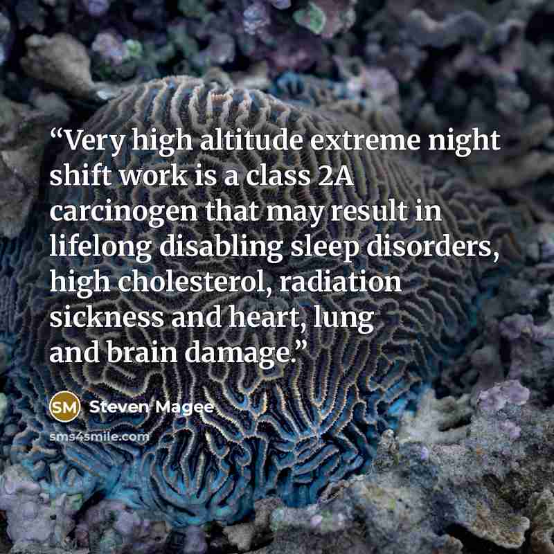 “Very high altitude extreme night shift work is a class 2A carcinogen that may result in lifelong disabling sleep disorders, high cholesterol, radiation sickness and heart, lung and brain damage.” quote by Steven Magee