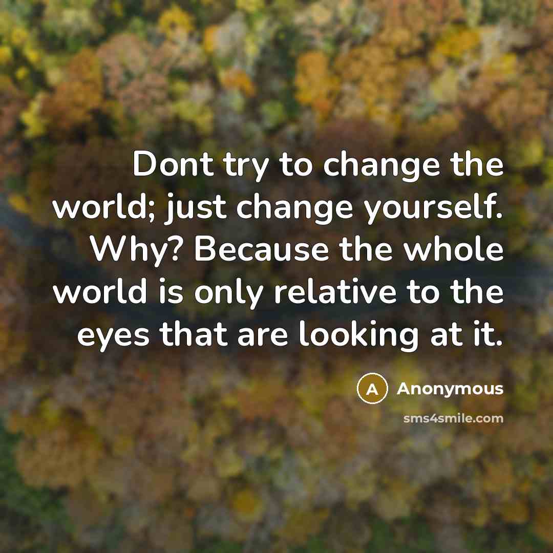 “Dont try to change the world; just change yourself. Why? Because the whole world is only relative to the eyes that are looking at it.” quote by Anonymous