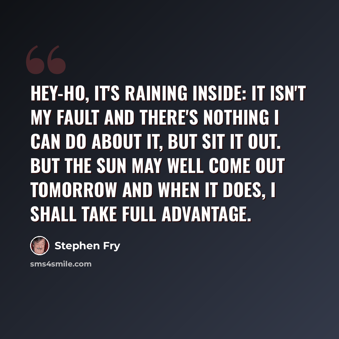 “Hey-ho, it's raining inside: it isn't my fault and there's nothing I can do about it, but sit it out. But the sun may well come out tomorrow and when it does, I shall take full advantage.” quote by Stephen Fry