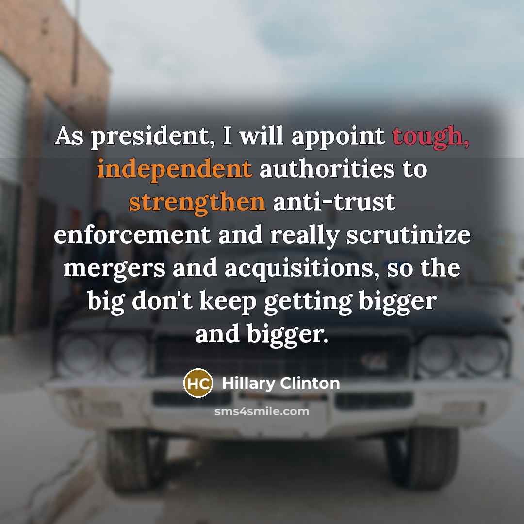 “As president, I will appoint tough, independent authorities to strengthen anti-trust enforcement and really scrutinize mergers and acquisitions, so the big don't keep getting bigger and bigger.” quote by Hillary Clinton