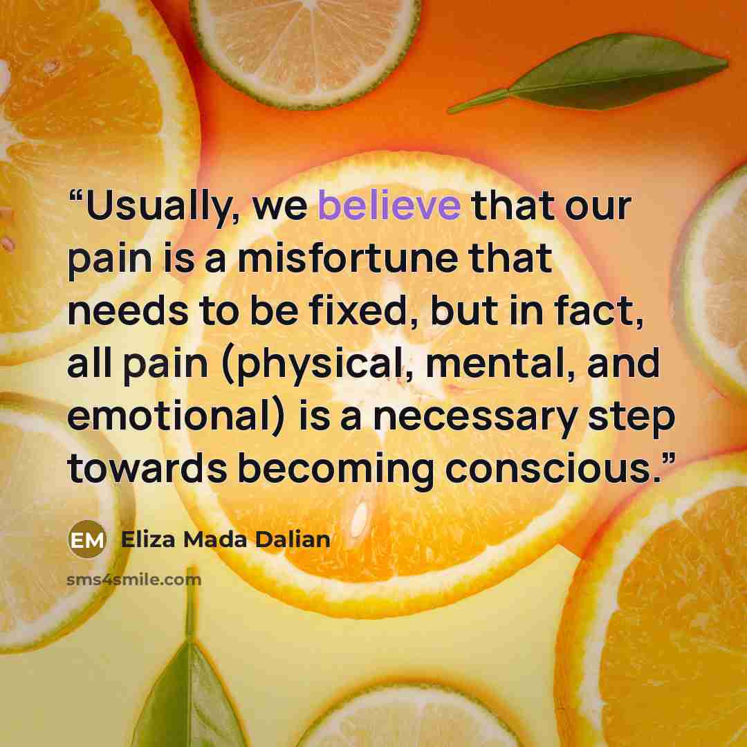 “Usually, we believe that our pain is a misfortune that needs to be fixed, but in fact, all pain (physical, mental, and emotional) is a necessary step towards becoming conscious.” quote by Eliza MADA Dalian