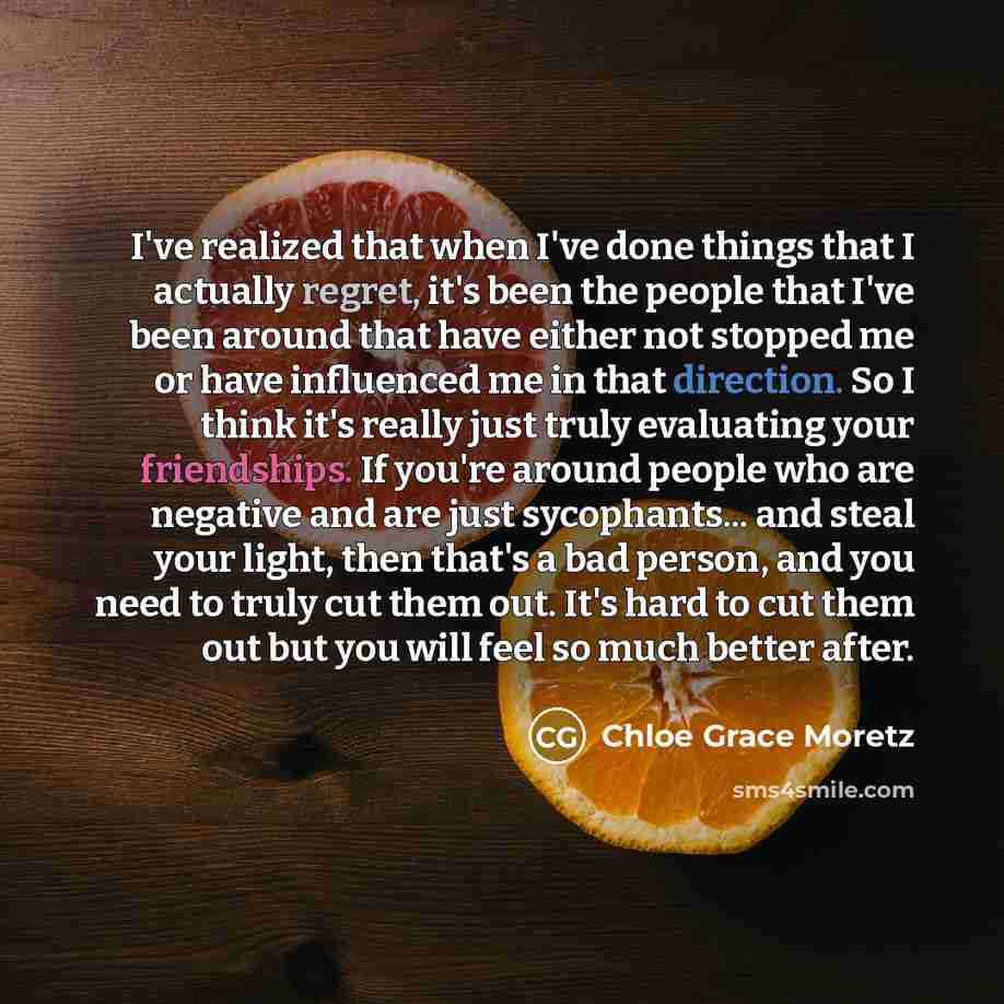 “I've realized that when I've done things that I actually regret, it's been the people that I've been around that have either not stopped me or have influenced me in that direction. So I think it's really just truly evaluating your friendships. If you're around people who are negative and are just…” quote by Chloe Grace Moretz