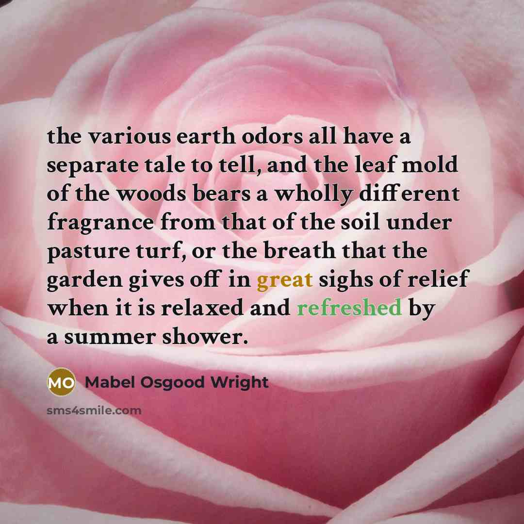“the various earth odors all have a separate tale to tell, and the leaf mold of the woods bears a wholly different fragrance from that of the soil under pasture turf, or the breath that the garden gives off in great sighs of relief when it is relaxed and refreshed by a summer shower.” quote by Mabel Osgood Wright