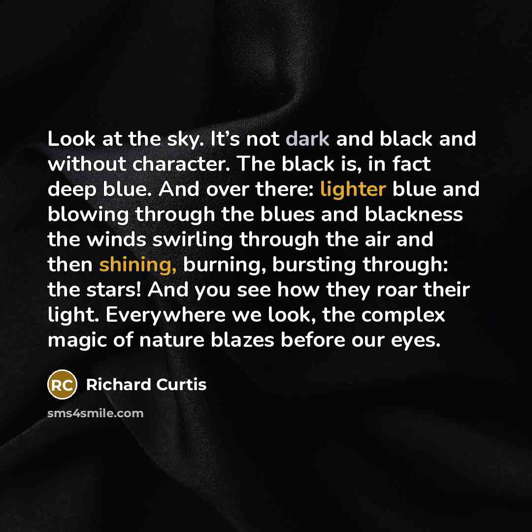 “Look at the sky. It’s not dark and black and without character. The black is, in fact deep blue. And over there: lighter blue and blowing through the blues and blackness the winds swirling through the air and then shining, burning, bursting through: the stars! And you see how they roar their…” quote by Richard Curtis
