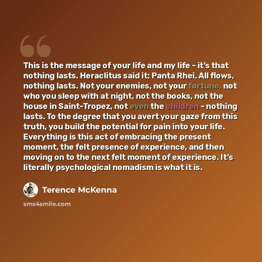 “This is the message of your life and my life - it’s that nothing lasts. Heraclitus said it: Panta Rhei. All flows, nothing lasts. Not your enemies, not your fortune, not who you sleep with at night, not the books, not the house in Saint-Tropez, not even the children - nothing lasts. To the degree…” quote by Terence McKenna