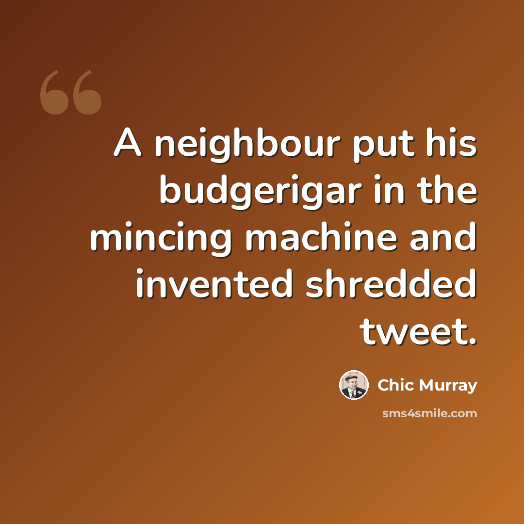 “A neighbour put his budgerigar in the mincing machine and invented shredded tweet.” quote by Chic Murray