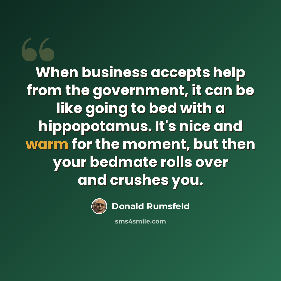 “When business accepts help from the government, it can be like going to bed with a hippopotamus. It's nice and warm for the moment, but then your bedmate rolls over and crushes you.” quote by Donald Rumsfeld