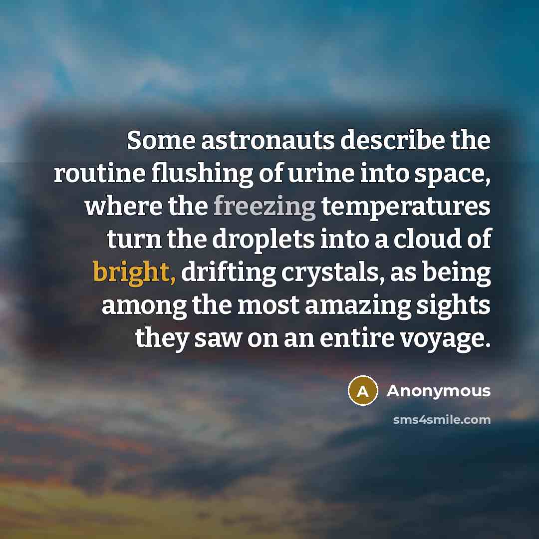 “Some astronauts describe the routine flushing of urine into space, where the freezing temperatures turn the droplets into a cloud of bright, drifting crystals, as being among the most amazing sights they saw on an entire voyage.” quote by Anonymous