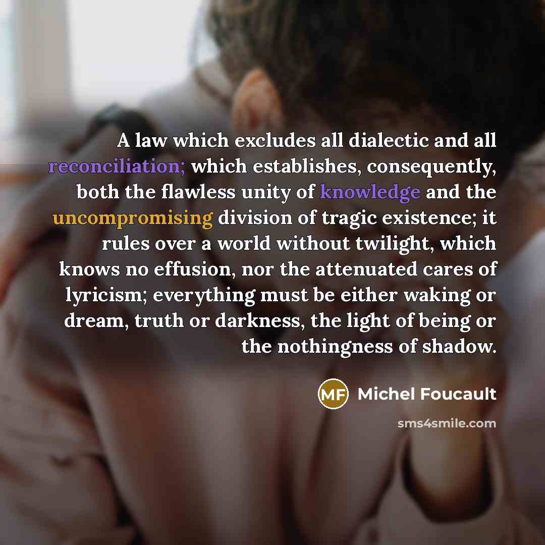 “A law which excludes all dialectic and all reconciliation; which establishes, consequently, both the flawless unity of knowledge and the uncompromising division of tragic existence; it rules over a world without twilight, which knows no effusion, nor the attenuated cares of lyricism; everything…” quote by Michel Foucault