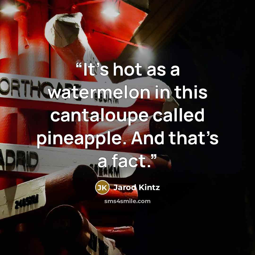“It’s hot as a watermelon in this cantaloupe called pineapple. And that’s a fact.” quote by Jarod Kintz