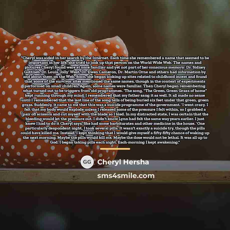 “Cheryl was aided in her search by the Internet. Each time she remembered a name that seemed to be important in her life, she tried to look up that person on the World Wide Web. The names and pictures Cheryl found were at once familiar and yet not part of her conscious memory: Dr. Sidney Gottlieb…” quote by Cheryl Hersha