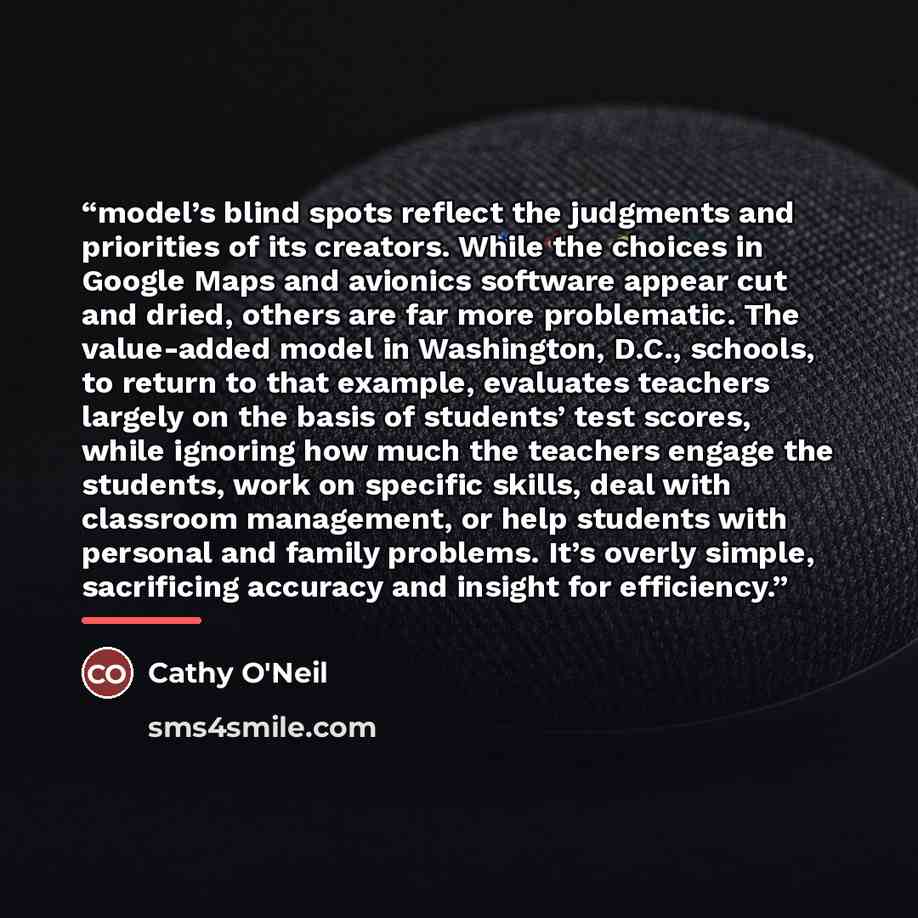 “model’s blind spots reflect the judgments and priorities of its creators. While the choices in Google Maps and avionics software appear cut and dried, others are far more problematic. The value-added model in Washington, D.C., schools, to return to that example, evaluates teachers largely on the…” quote by Cathy O'Neil