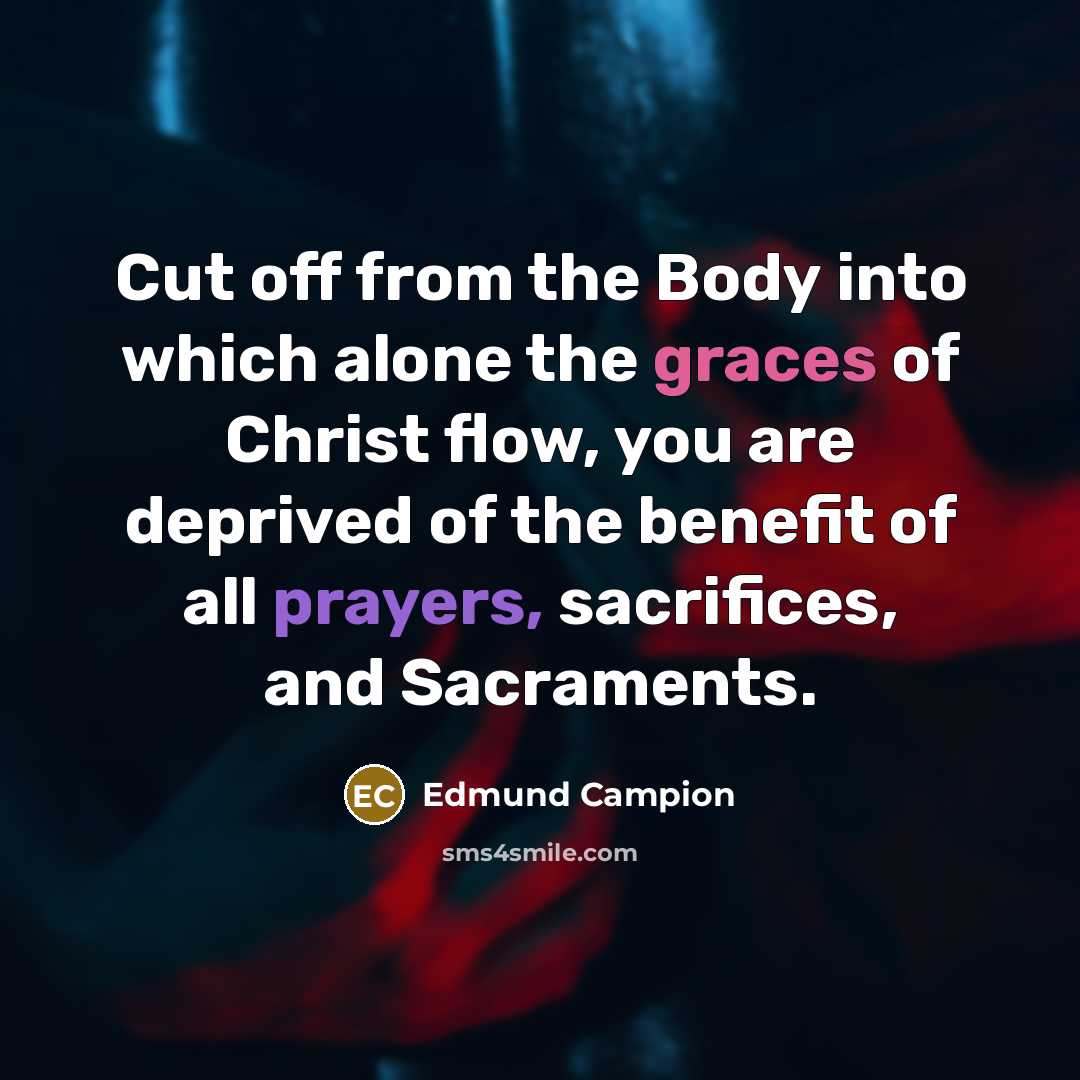 “Cut off from the Body into which alone the graces of Christ flow, you are deprived of the benefit of all prayers, sacrifices, and Sacraments.” quote by Edmund Campion