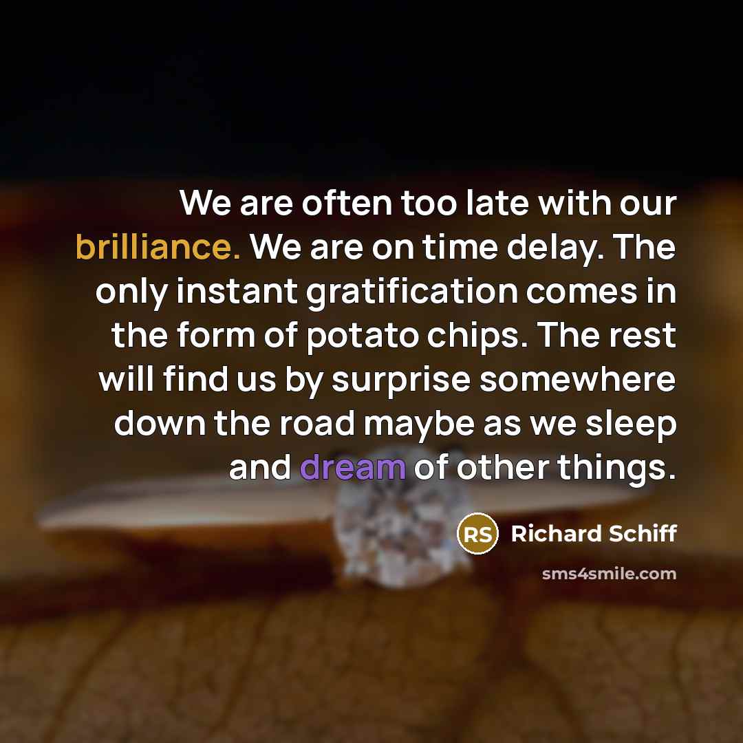 “We are often too late with our brilliance. We are on time delay. The only instant gratification comes in the form of potato chips. The rest will find us by surprise somewhere down the road maybe as we sleep and dream of other things.” quote by Richard Schiff