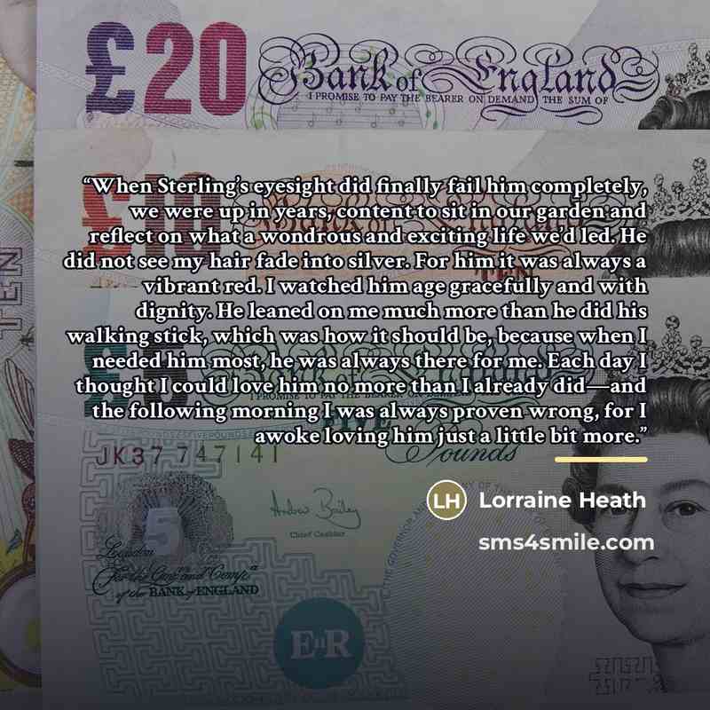 “When Sterling’s eyesight did finally fail him completely, we were up in years, content to sit in our garden and reflect on what a wondrous and exciting life we’d led. He did not see my hair fade into silver. For him it was always a vibrant red. I watched him age gracefully and with dignity. He…” quote by Lorraine Heath