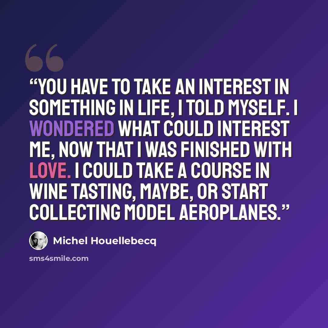 “You have to take an interest in something in life, I told myself. I wondered what could interest me, now that I was finished with love. I could take a course in wine tasting, maybe, or start collecting model aeroplanes.” quote by Michel Houellebecq