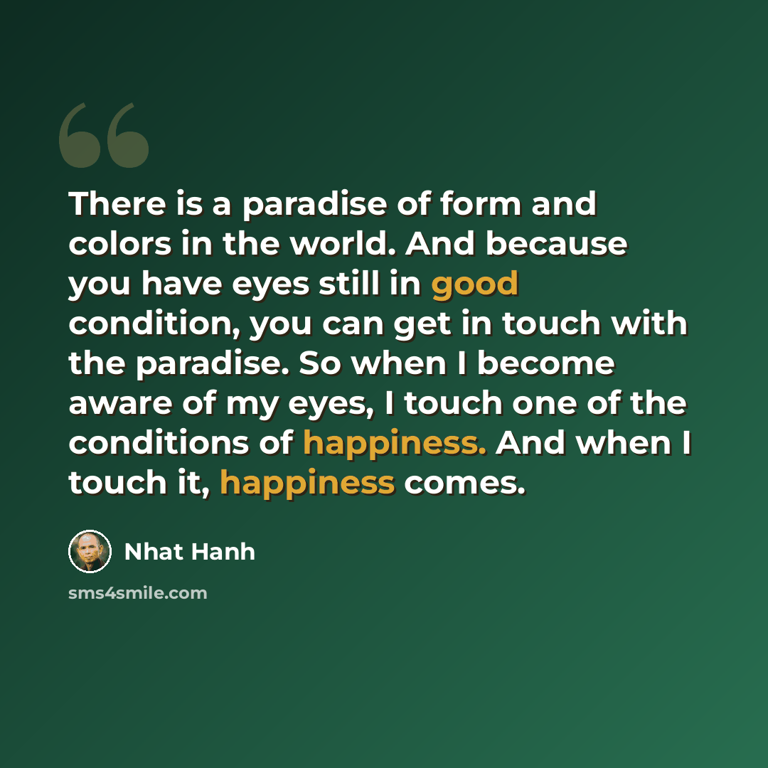 “There is a paradise of form and colors in the world. And because you have eyes still in good condition, you can get in touch with the paradise. So when I become aware of my eyes, I touch one of the conditions of happiness. And when I touch it, happiness comes.” quote by Nhat Hanh