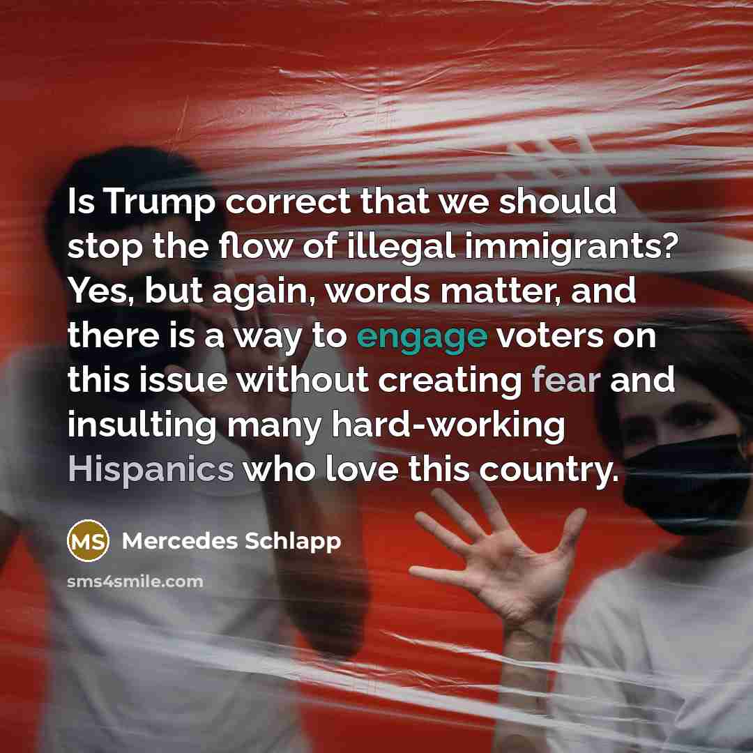 “Is Trump correct that we should stop the flow of illegal immigrants? Yes, but again, words matter, and there is a way to engage voters on this issue without creating fear and insulting many hard-working Hispanics who love this country.” quote by Mercedes Schlapp